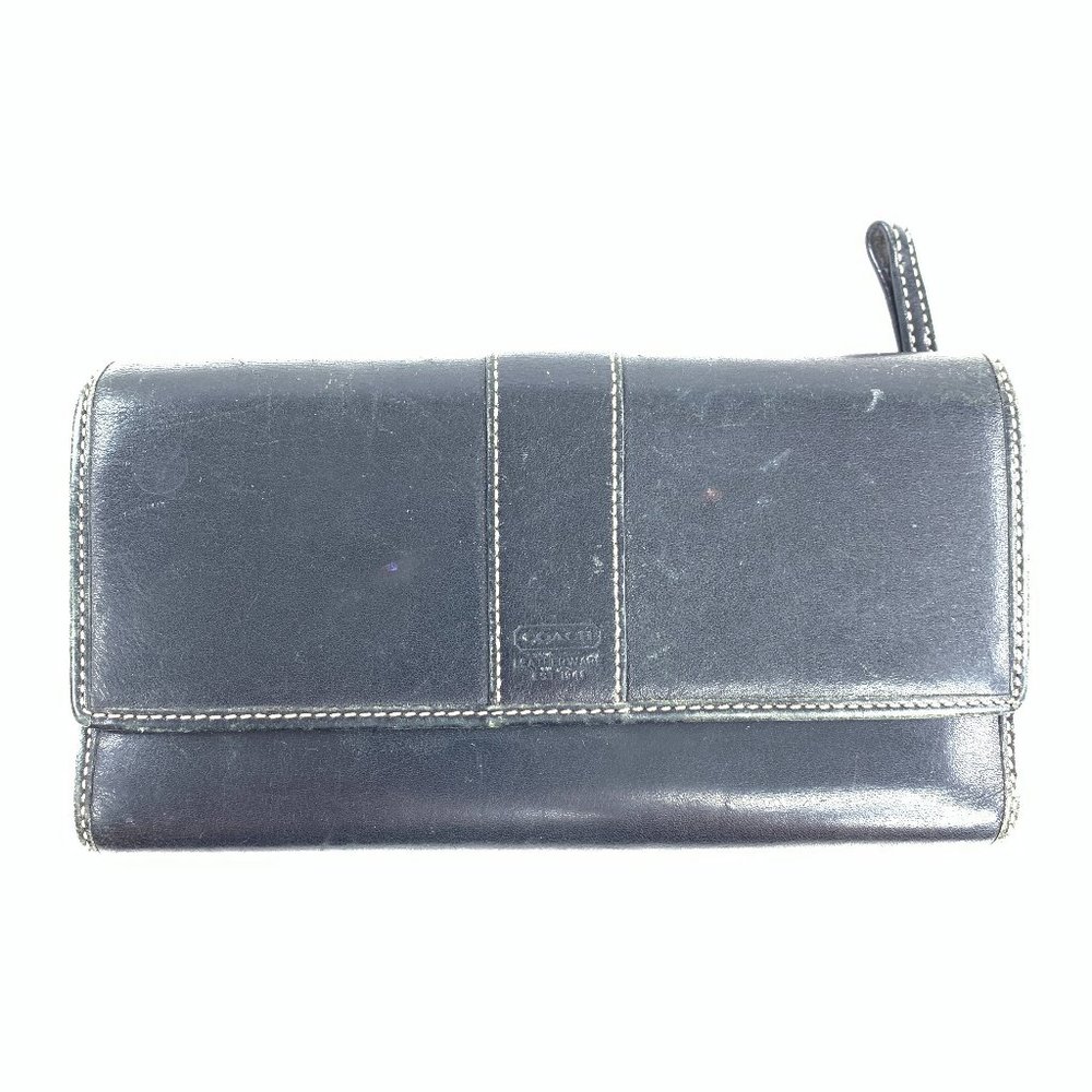 Coach Black Leather Snap Large Trifold Wallet Credit Cards Checkbook Clutch